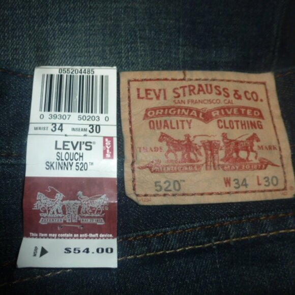 NEW Mens Levi's 520 Slouch Skinny Fit Blue Jeans- Size 34W x 30L - Picture 5 of 13